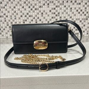 COACH Eliza Small Flap Black Leather Crossbody Bag with Gold Chain